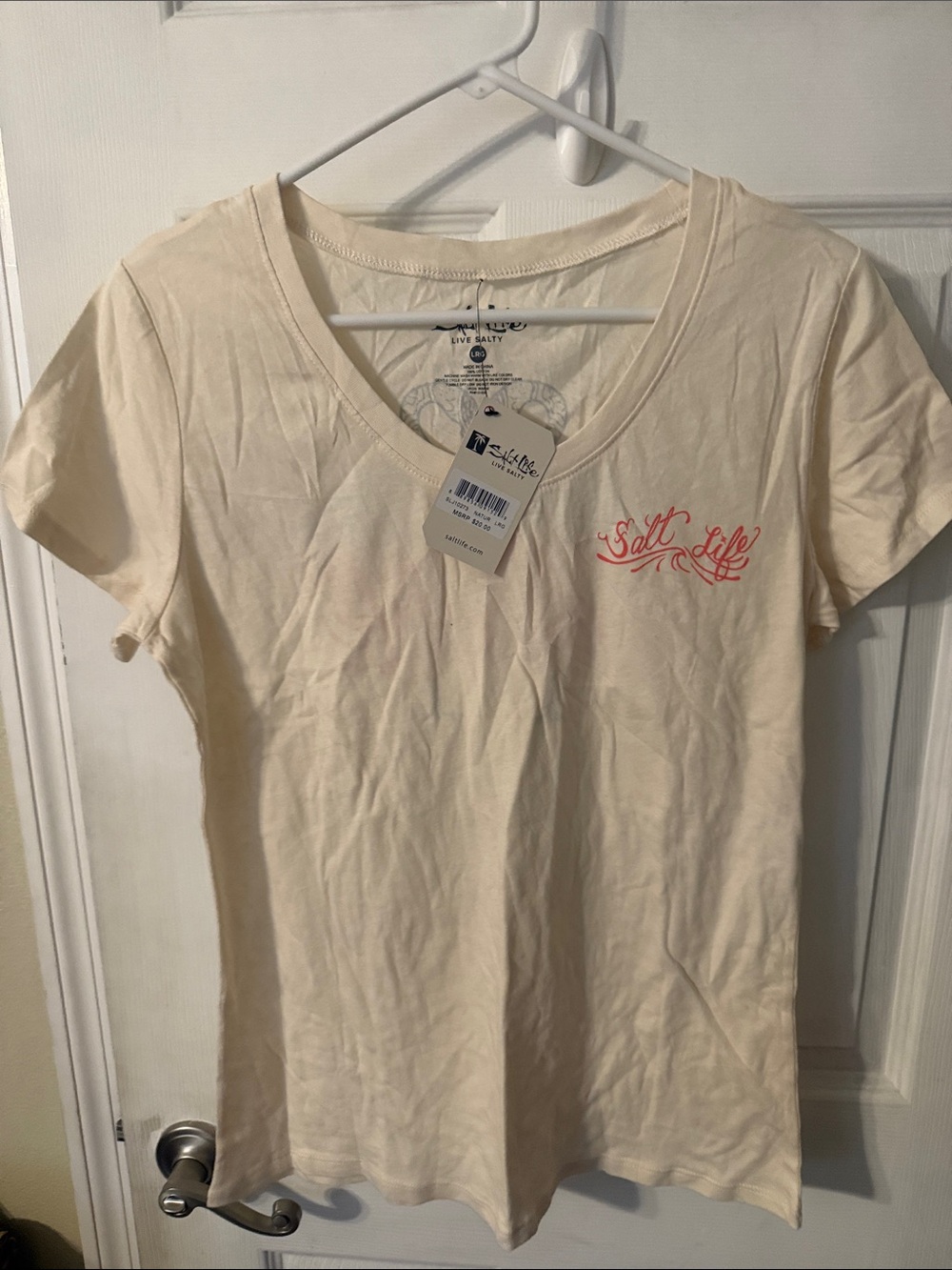 Salt Life Women's Cream V-Neck Tee with Coral Logo